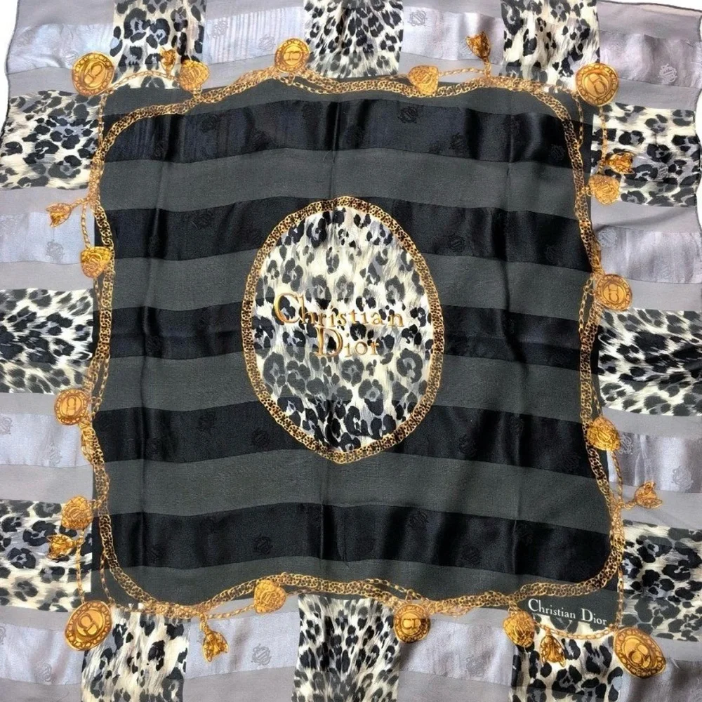 Dior Vintage Black and Gold Animal Print Scarf